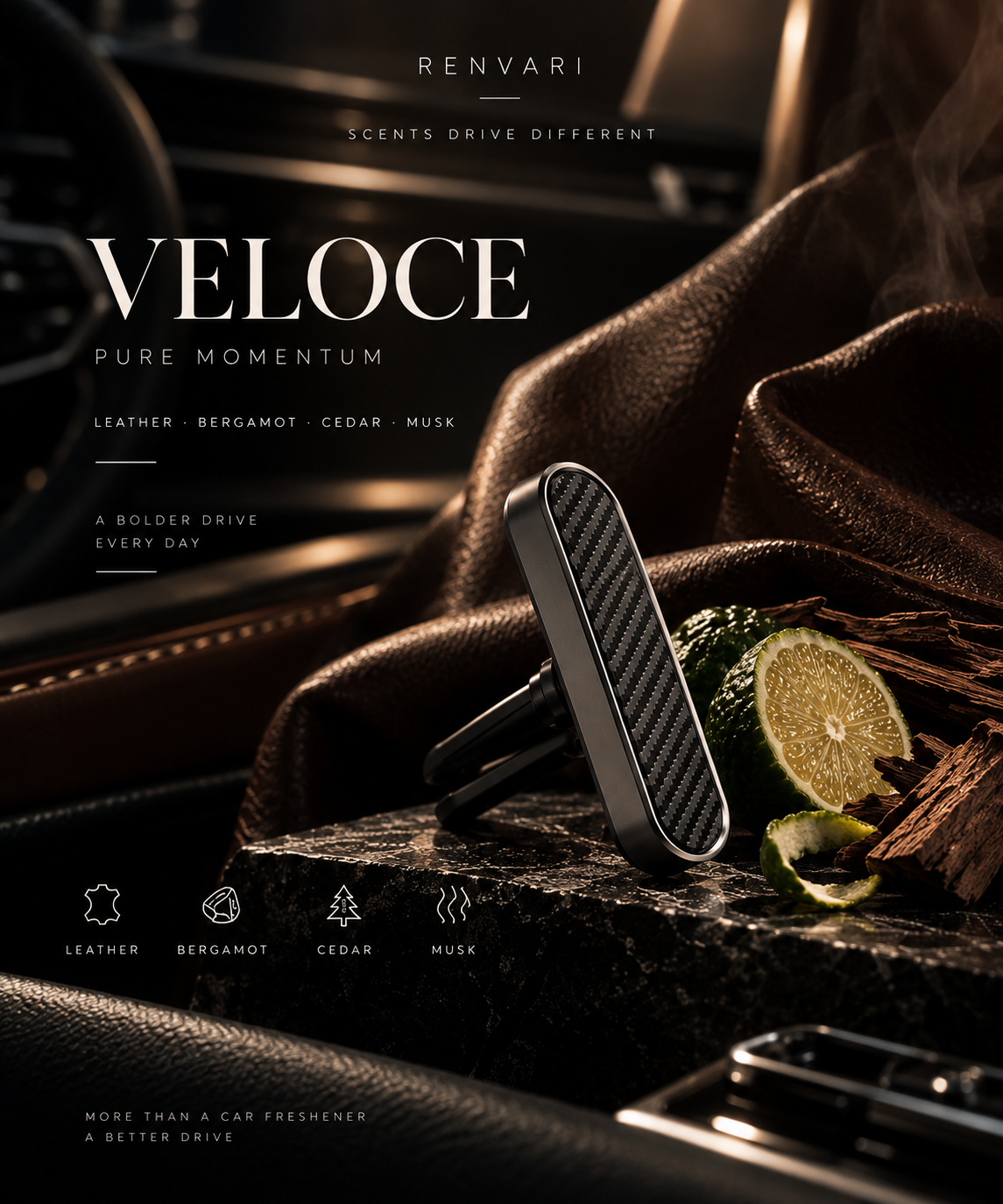RENVARI VELOCE — Кожа, бергамот, кедър Чист, характерен и балансиран
